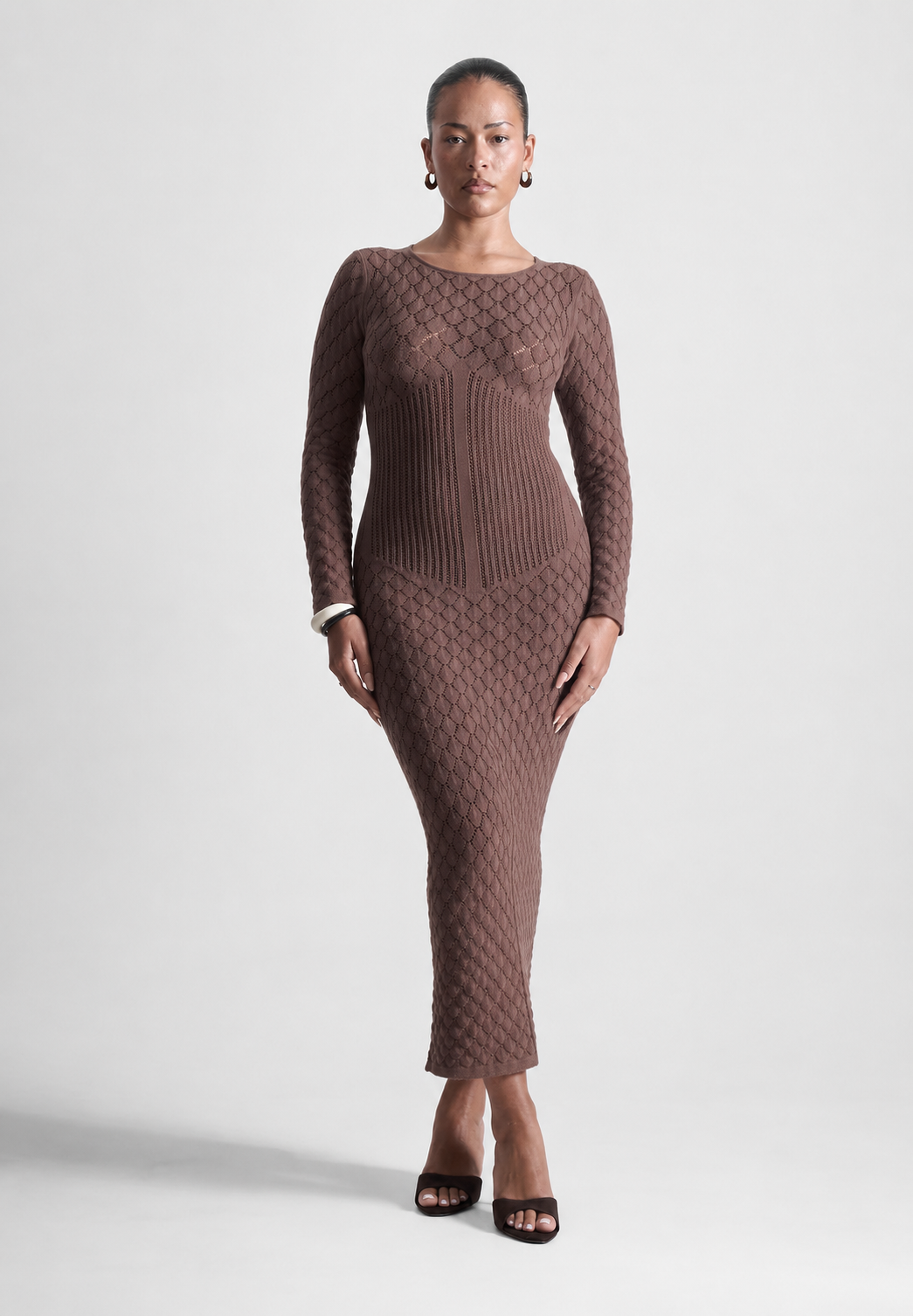 Contour Corset Shell Knit Maxi Dress in Brown