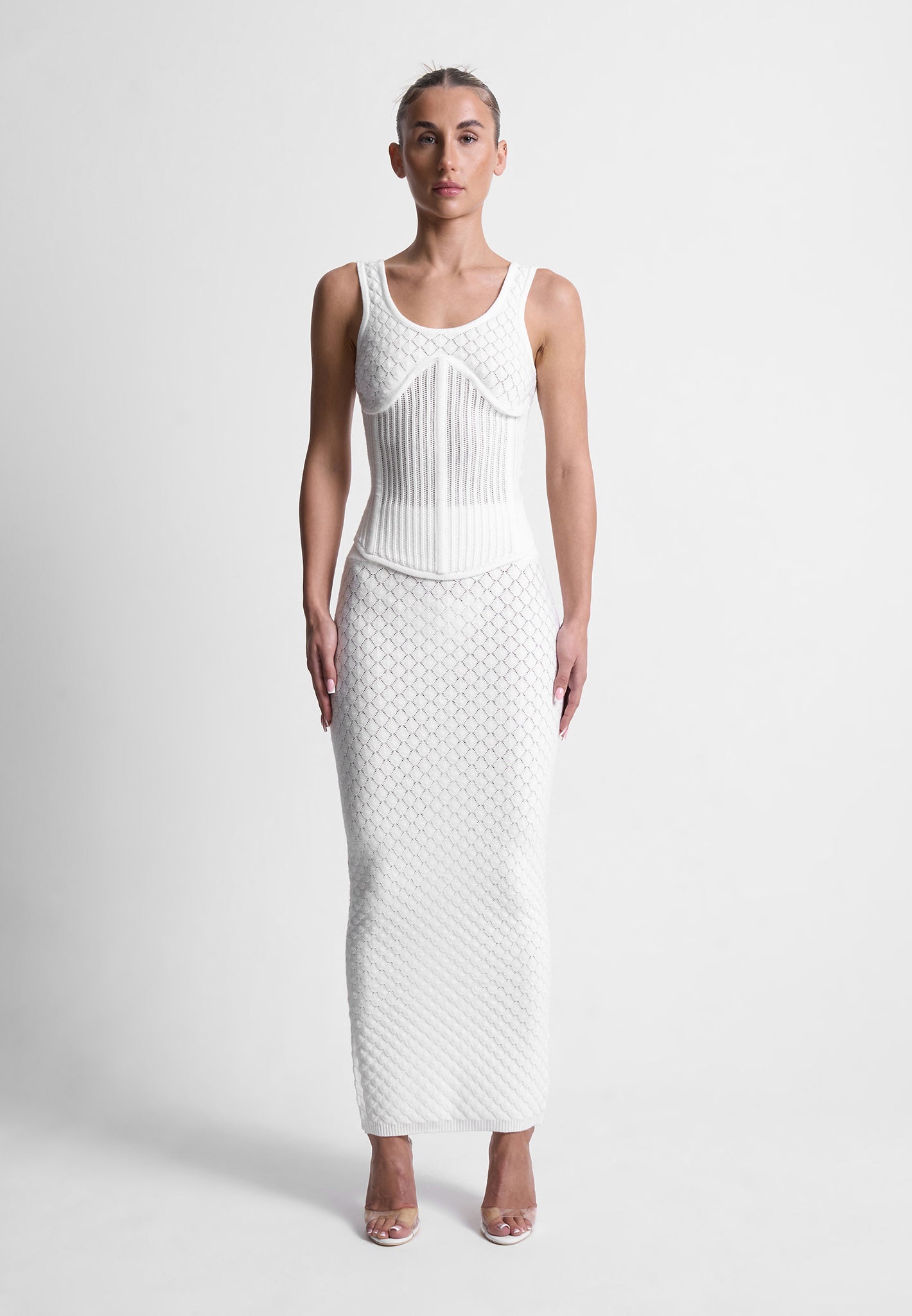 Angled Waist Shell Knit Maxi Skirt - White