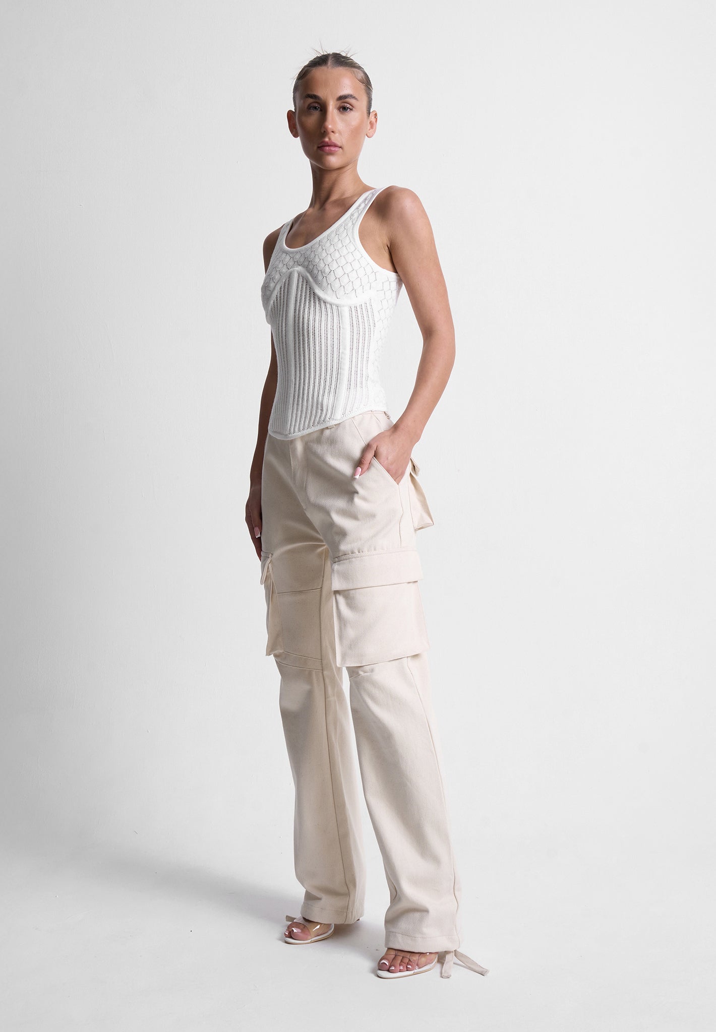 Mid Rise Drill Cargo Pants - Stone