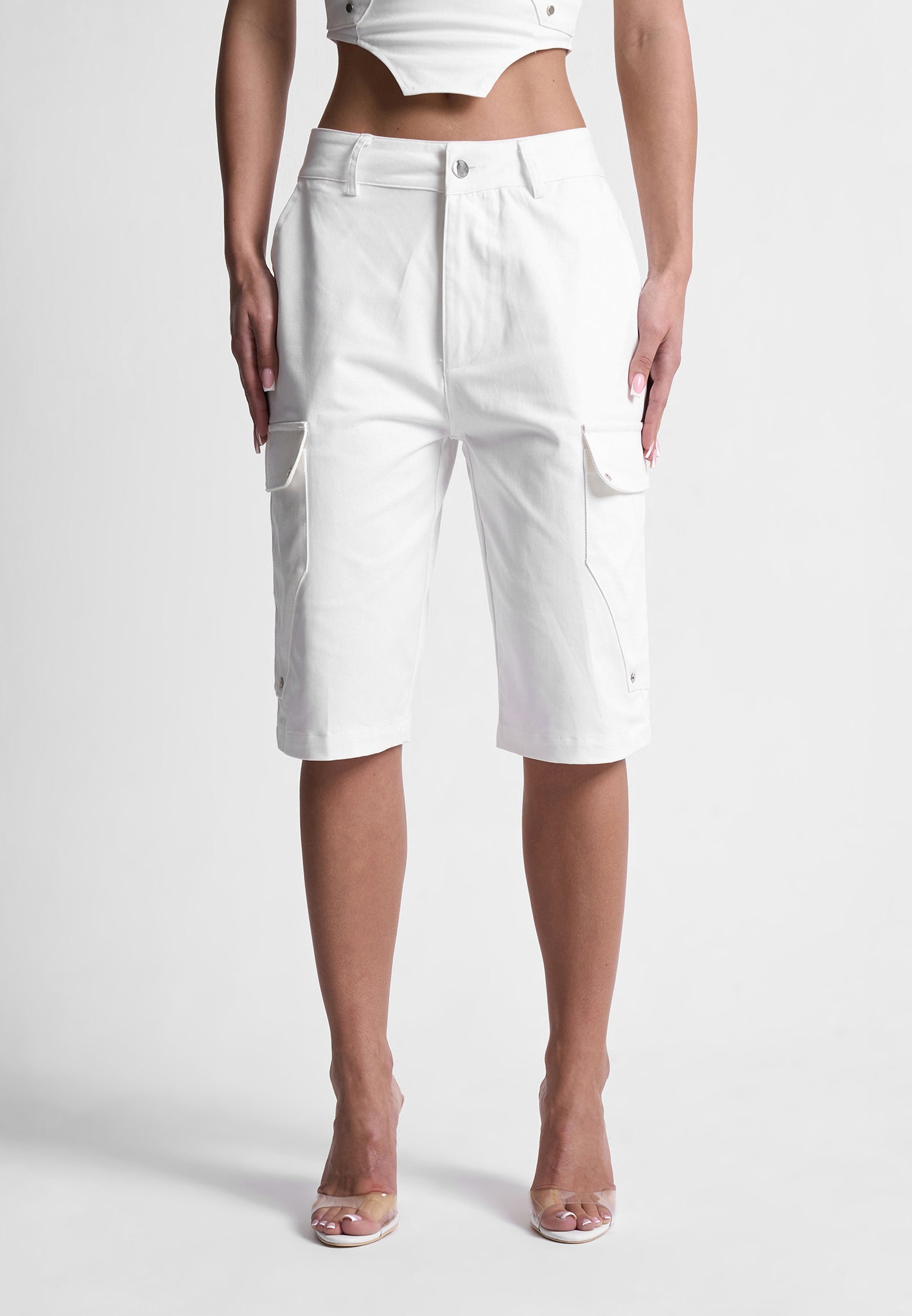 Mixed Fabric Cargo Shorts - White
