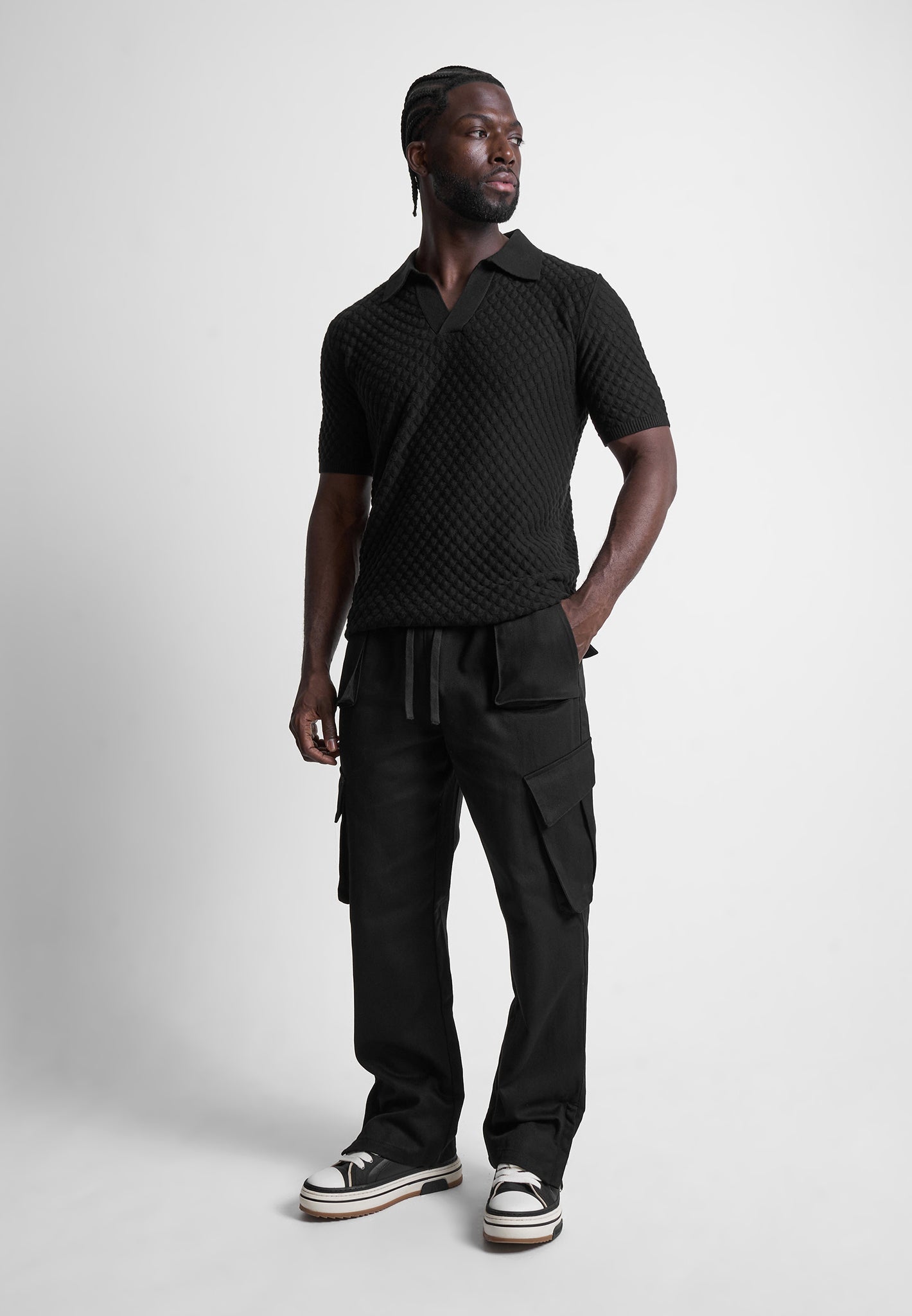 Shell Knit Revere Polo Top - Black