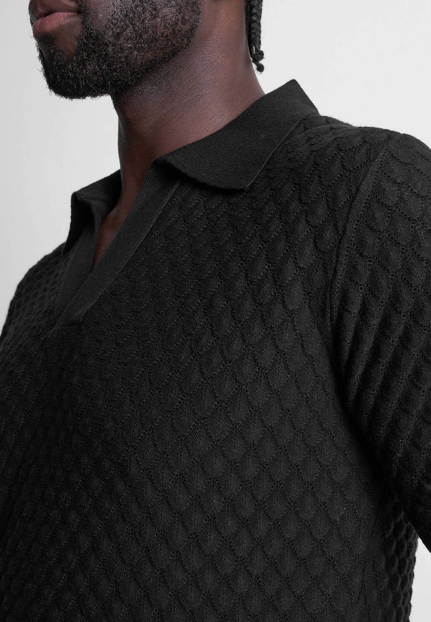 Shell Knit Revere Polo Top - Black