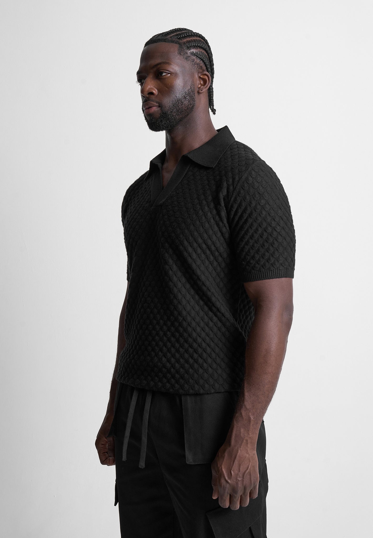 Shell Knit Revere Polo Top - Black
