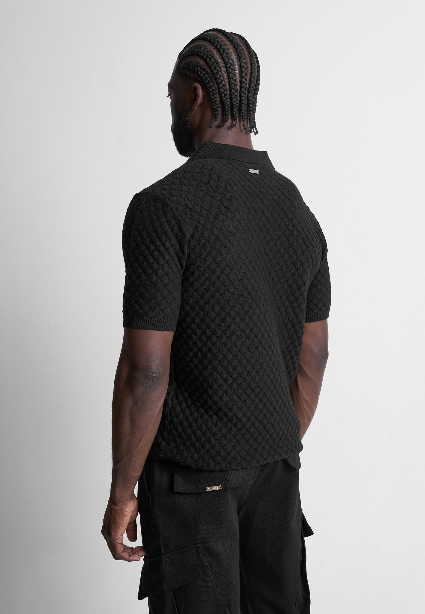 Shell Knit Revere Polo Top - Black