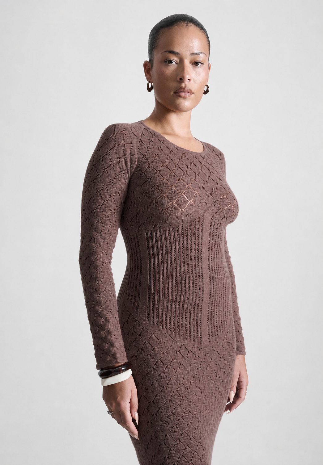 Contour Corset Shell Knit Maxi Dress in Brown