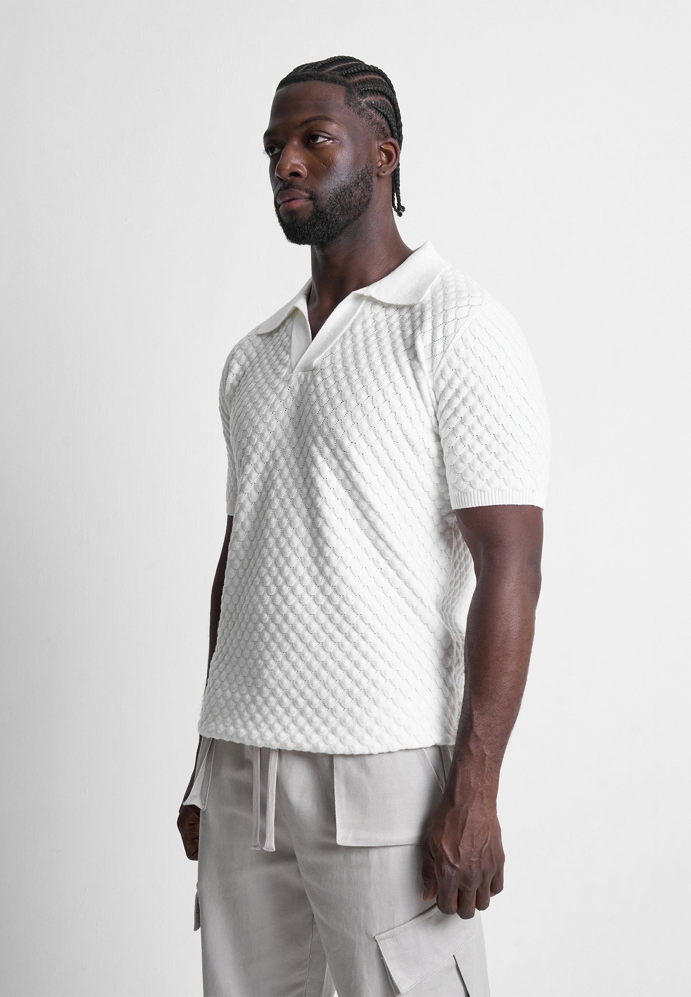 Shell Knit Revere Polo Top - White