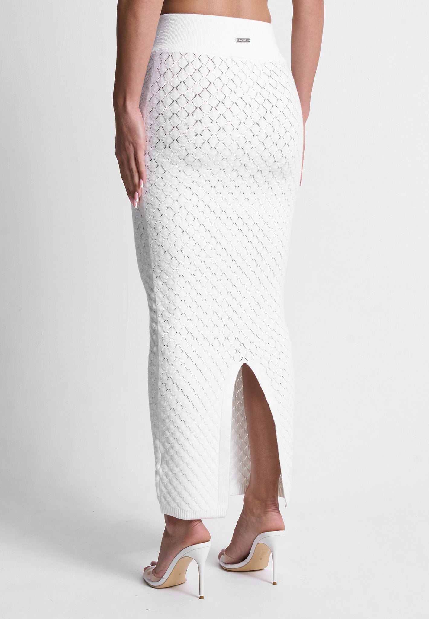 Angled Waist Shell Knit Maxi Skirt - White