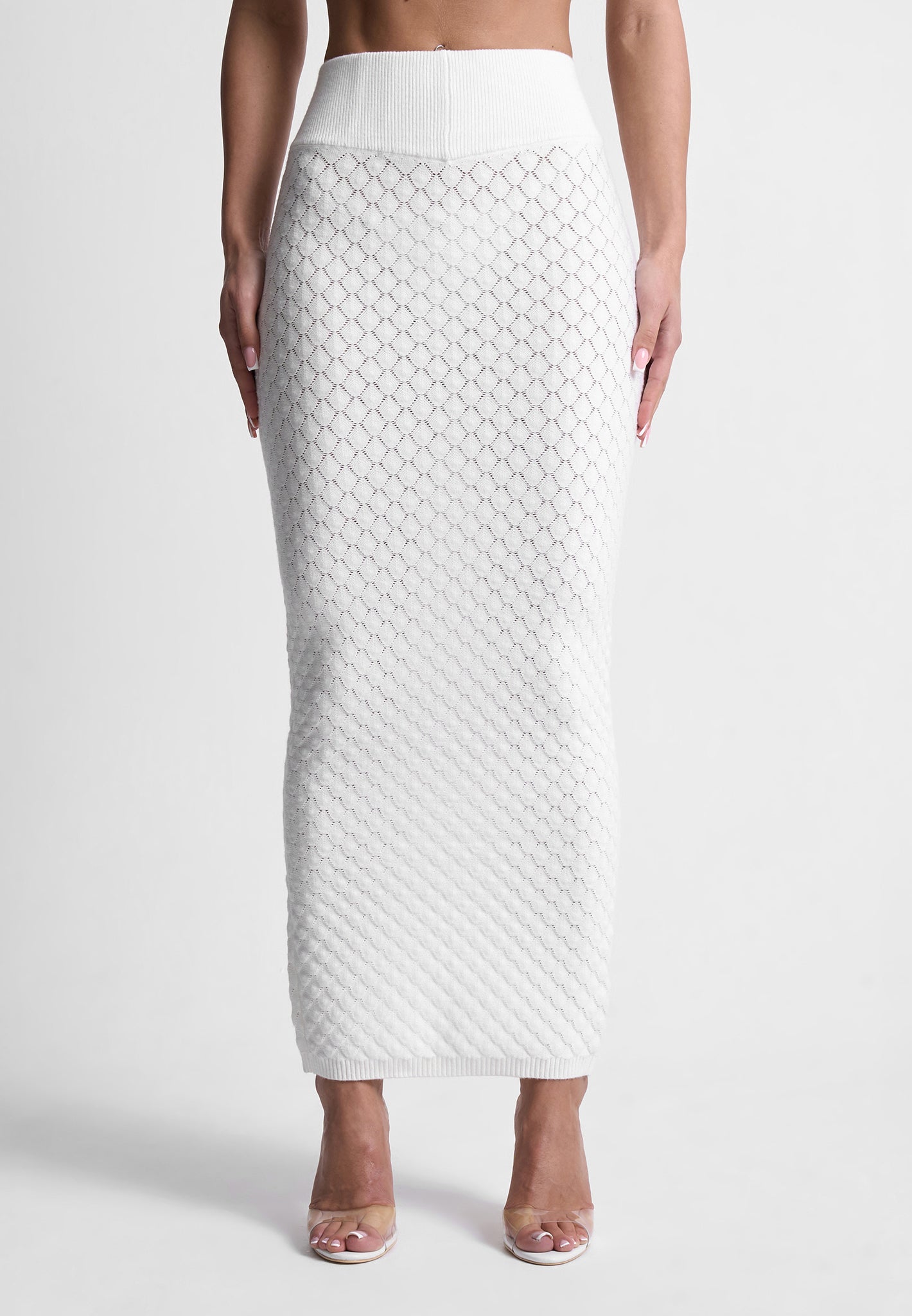 Angled Waist Shell Knit Maxi Skirt - White