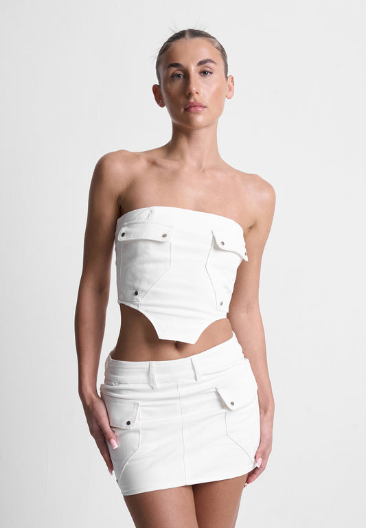 Mixed Fabric Cargo Corset Top - White