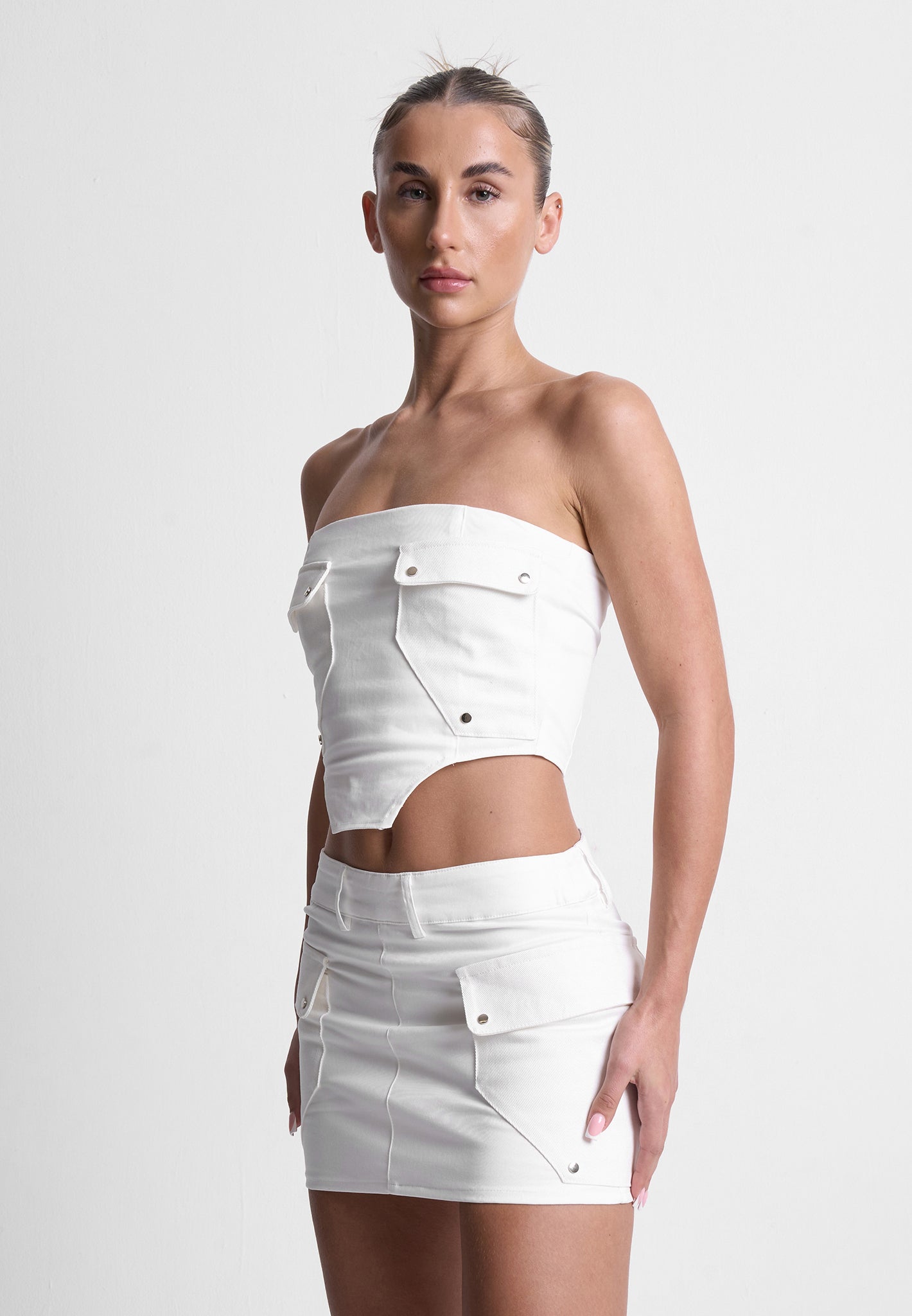 Mixed Fabric Cargo Corset Top - White