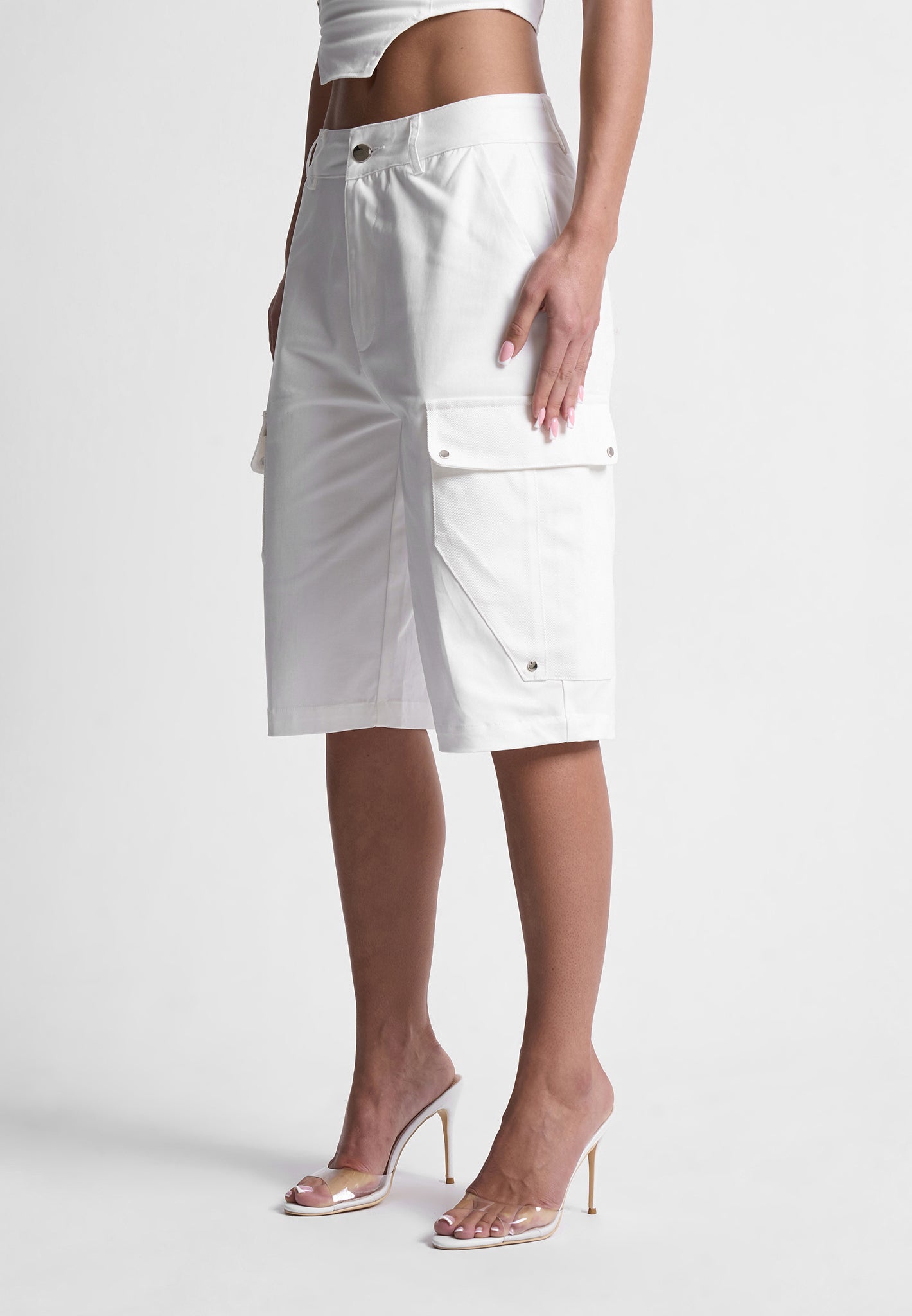 Mixed Fabric Cargo Shorts - White