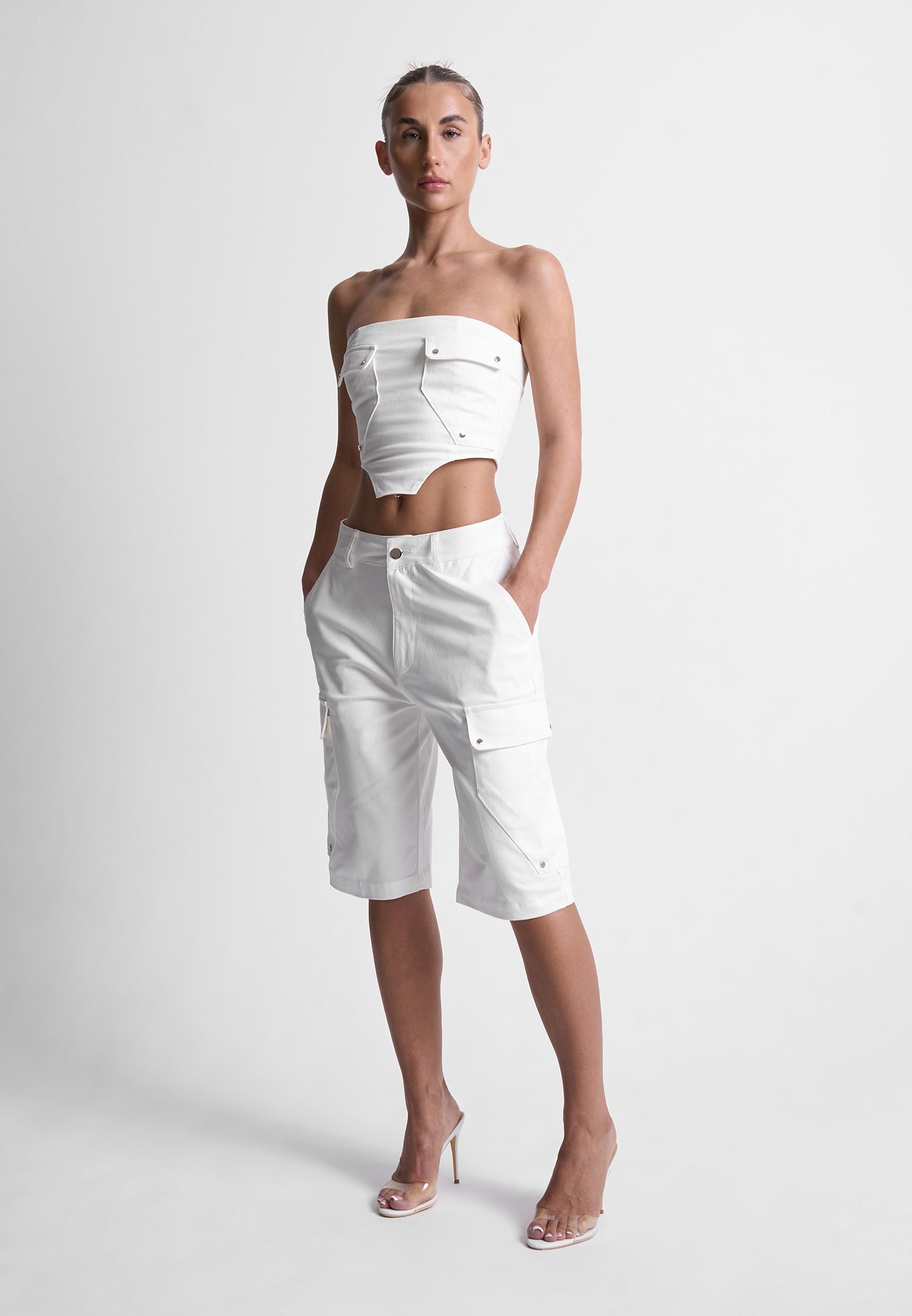 Mixed Fabric Cargo Shorts - White