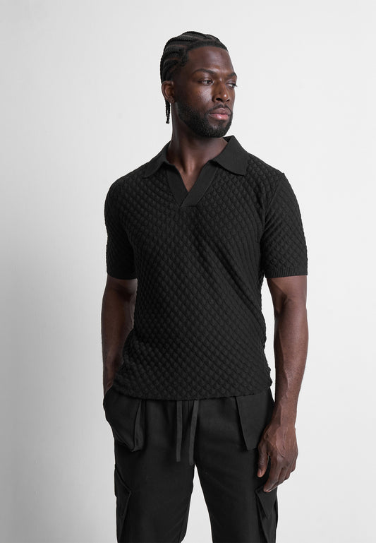 Shell Knit Revere Polo Top - Black